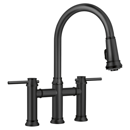 BLANCO Empressa Pull-Down Dual-Spray Bridge Faucet in matte black with modern pull-down features.