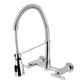 Kingston Brass GS8287CML Manhattan Double-Handle Wall-Mount Pre-Rinse Bridge Kitchen Faucet, Brushed Brass with polished chrome finish.
