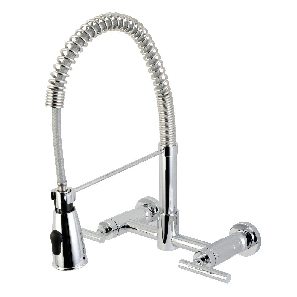 Kingston Brass GS8287CML Manhattan Double-Handle Wall-Mount Pre-Rinse Bridge Kitchen Faucet, Brushed Brass with polished chrome finish.