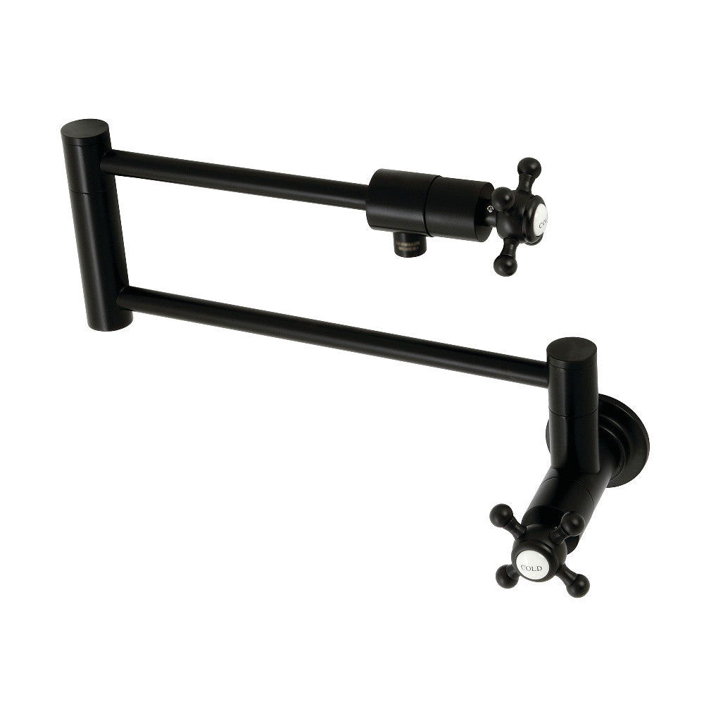 Kingston Brass KS4103BX Metropolitan Wall Mount Pot Filler Faucet, Antique Brass with matte black finish and foldable swing arms.