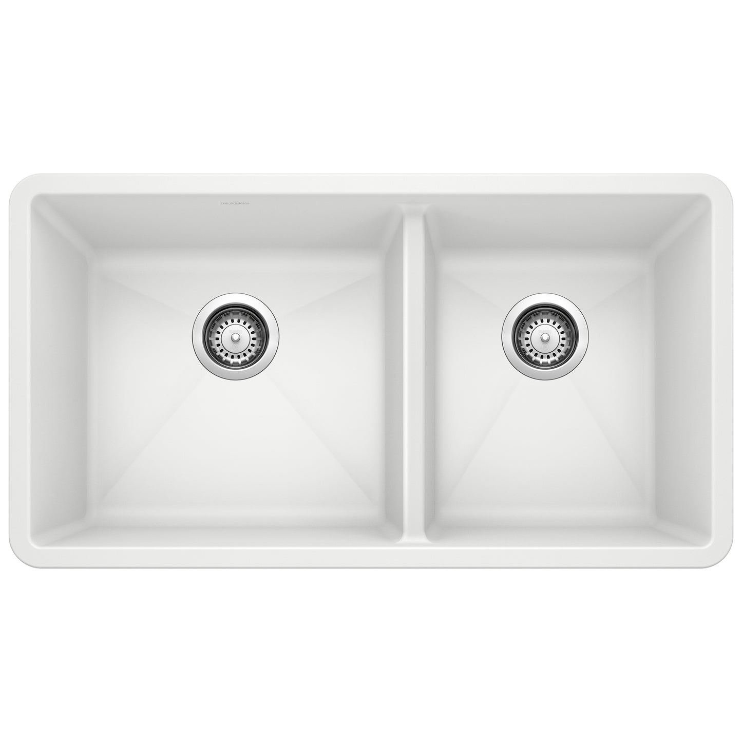 BLANCO Precis SILGRANIT 33" 60/40 Double Bowl Undermount Kitchen Sink in white with dual basins.