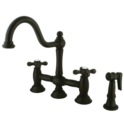 Kingston KS3795AXBS Restoration Bridge Kitchen Faucet with Brass Sprayer, Oil Rubbed Bronze in a kitchen setting.