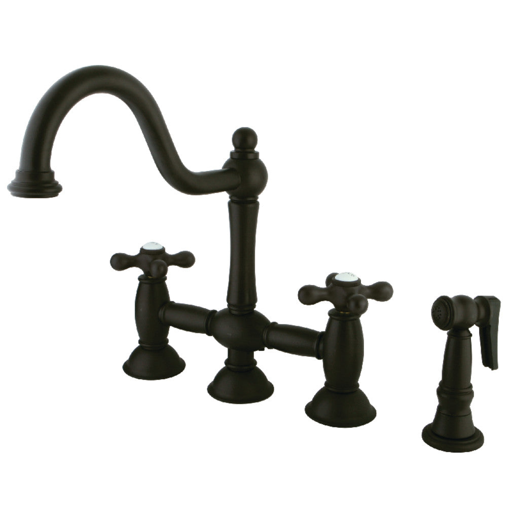 Kingston KS3795AXBS Restoration Bridge Kitchen Faucet with Brass Sprayer, Oil Rubbed Bronze in a kitchen setting.