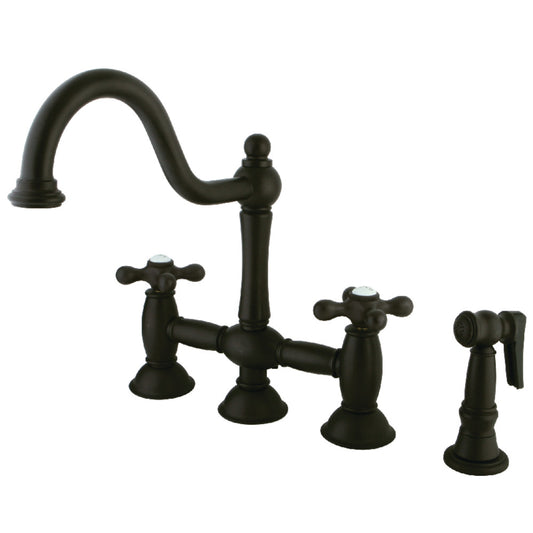 Kingston KS3795AXBS Restoration Bridge Kitchen Faucet with Brass Sprayer, Oil Rubbed Bronze in a kitchen setting.