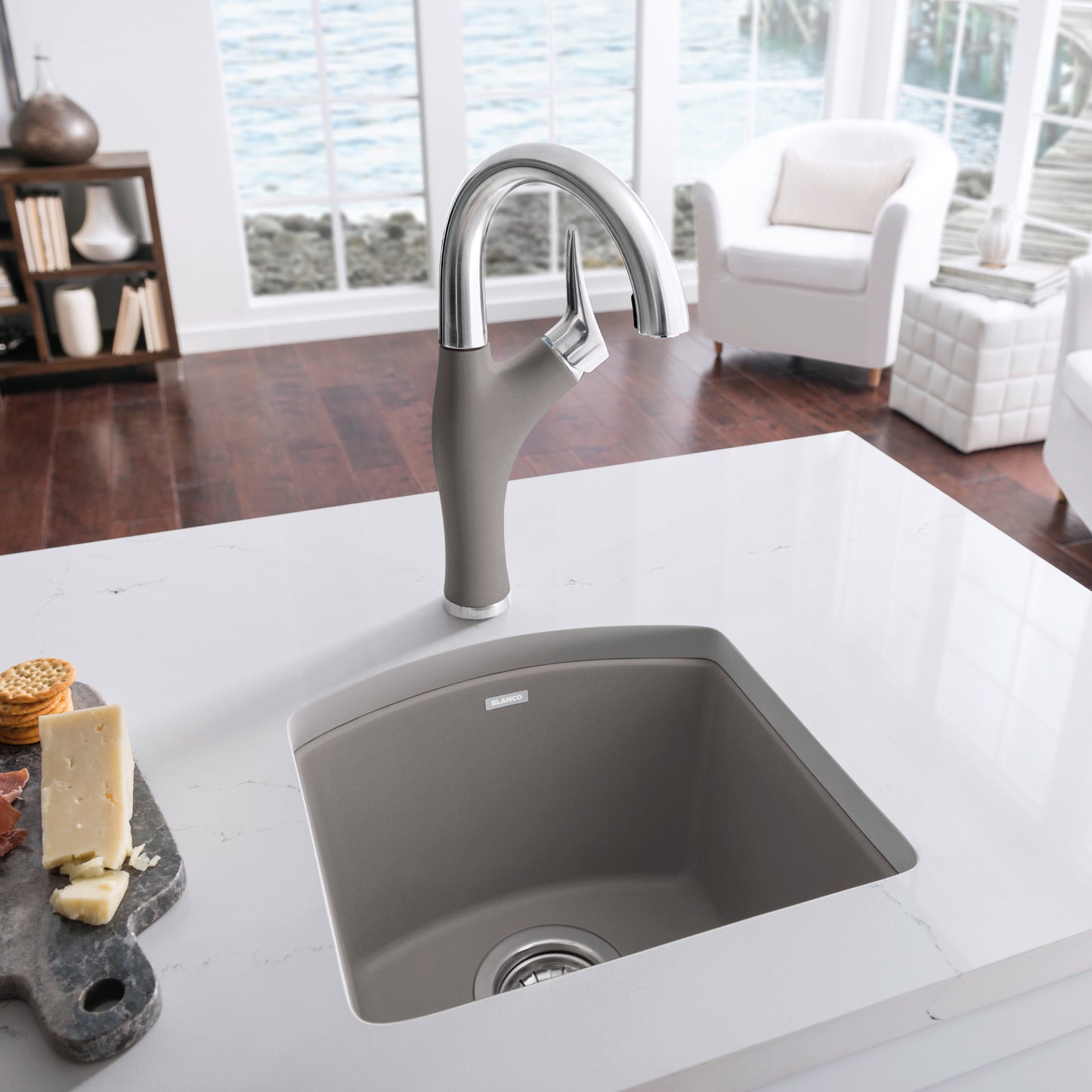 BLANCO Diamond SILGRANIT 15" Dual Mount Bar Sink with modern faucet in stylish kitchen decor