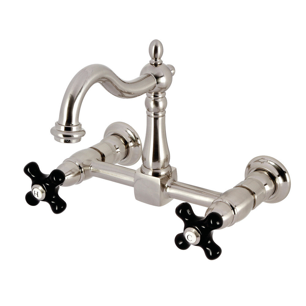 Kingston KS1263PKX Duchess Two-Handle Wall Mount Bridge Kitchen Faucet, Antique Brass with black porcelain handles