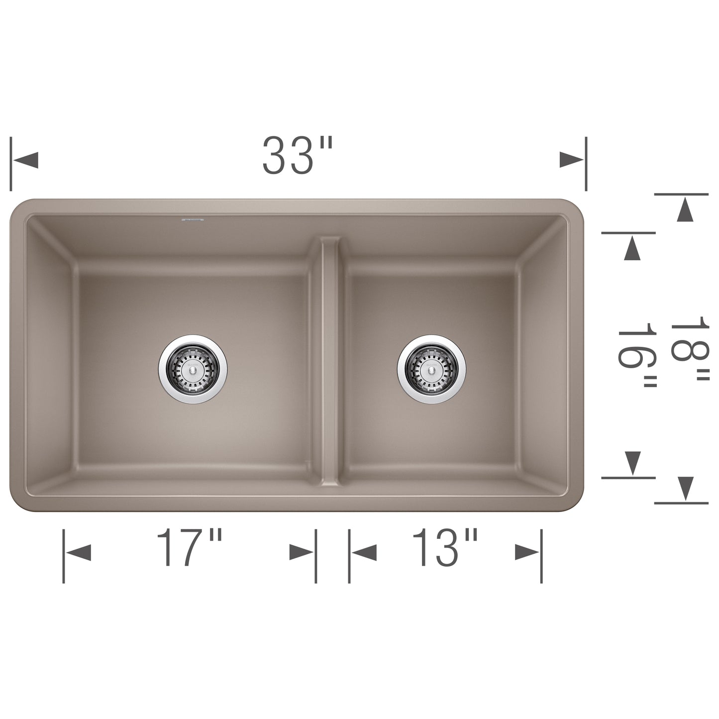 BLANCO Precis SILGRANIT 33" 60/40 Reversible Double Bowl Undermount Kitchen Sink with Low Divide top view and dimensions.
