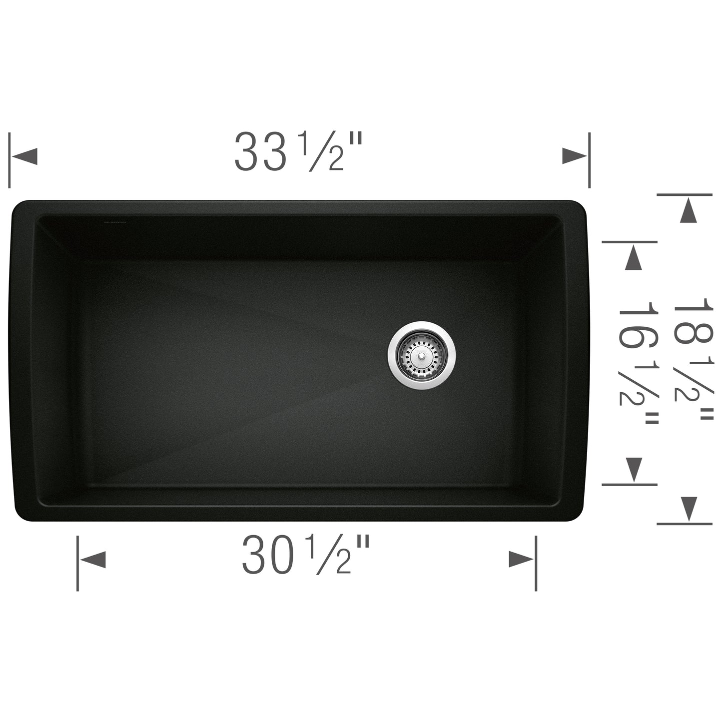 BLANCO Diamond SILGRANIT 33" Super Single Undermount Kitchen Sink dimensions showing 33.5" x 30.5" size for kitchen use.