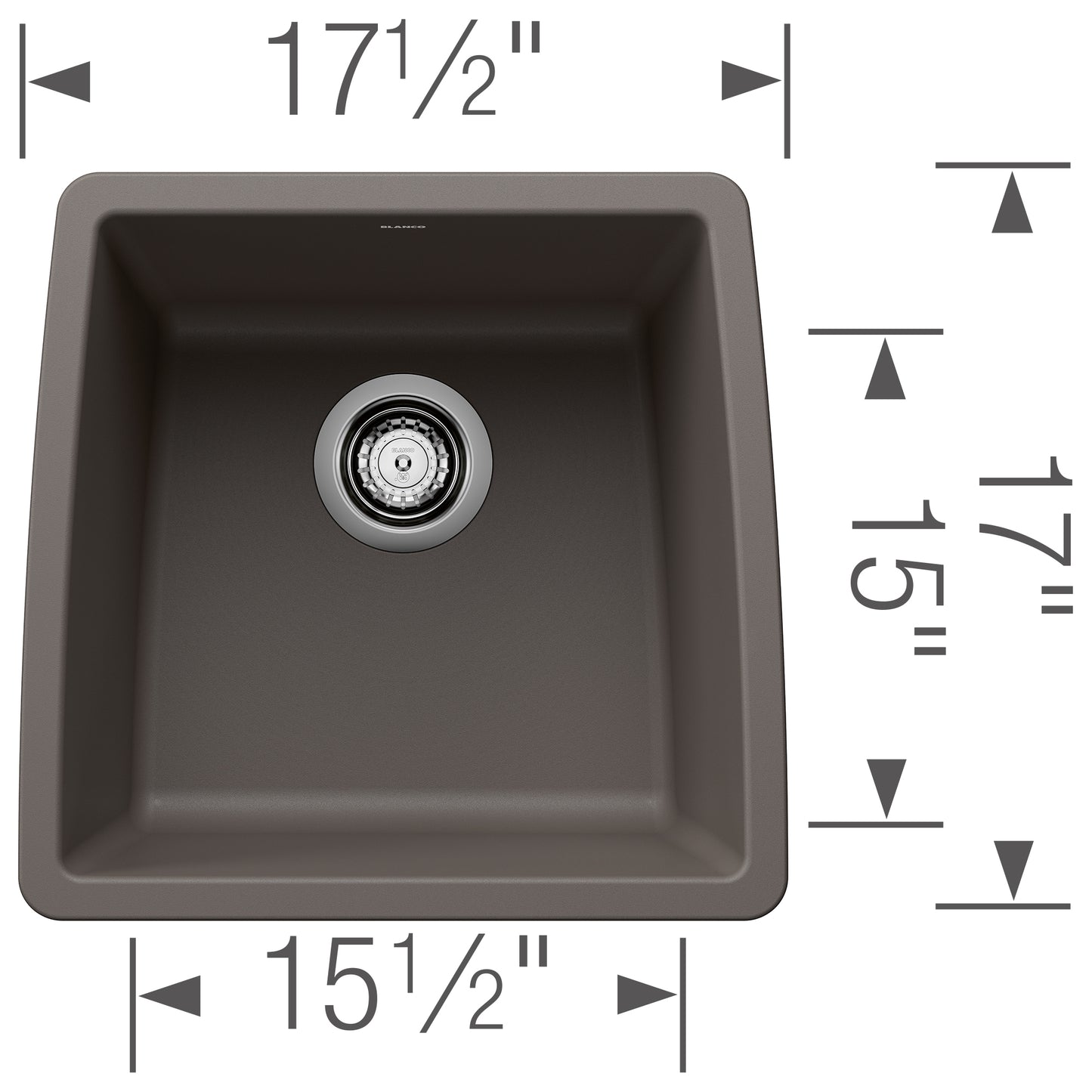 BLANCO Performa SILGRANIT 17" Undermount Bar Sink with dimensions displayed for easy reference.