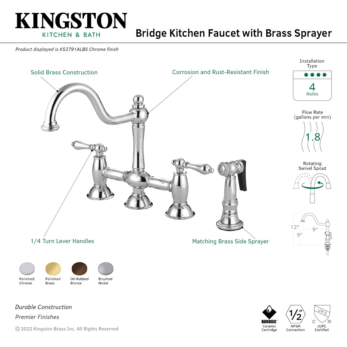 Kingston KS3798ALBS Restoration Bridge Kitchen Faucet with Brass Sprayer, Brushed Nickel.