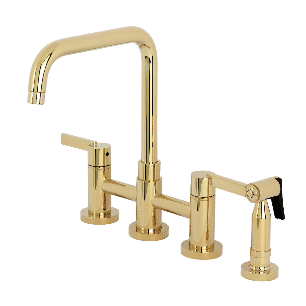 Kingston KS8287CTLBS Continental Bridge Kitchen Faucet with Brass Sprayer, Brushed Brass in polished brass finish