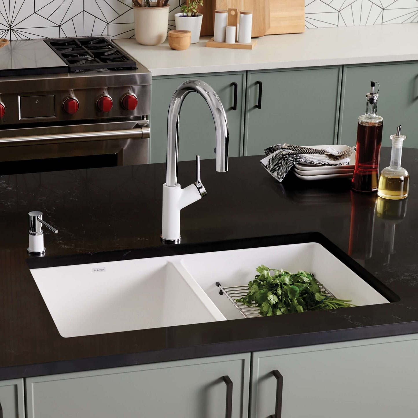 BLANCO Precis SILGRANIT 29" 50/50 Double Bowl Undermount Kitchen Sink with chrome faucet and fresh herbs.