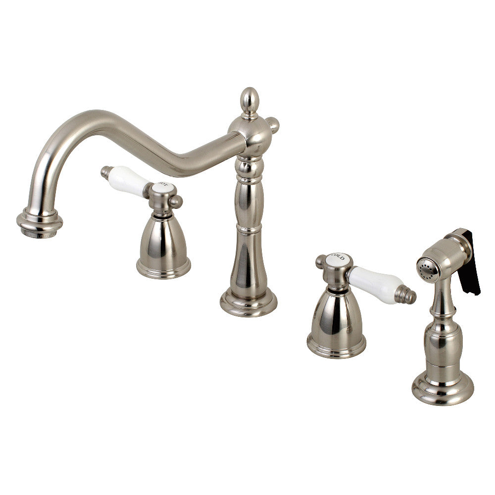 Kingston Brass KB1793BPLBS Bel-Air Double-Handle Widespread Kitchen Faucet with Brass Sprayer, Antique Brass