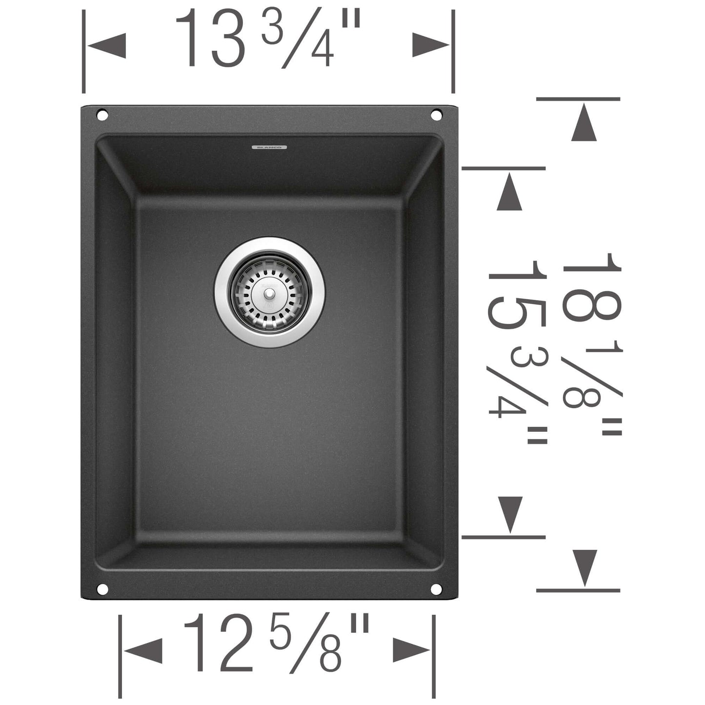 BLANCO Precis SILGRANIT 13" Undermount Bar Sink dimensions diagram with measurements for compact design.