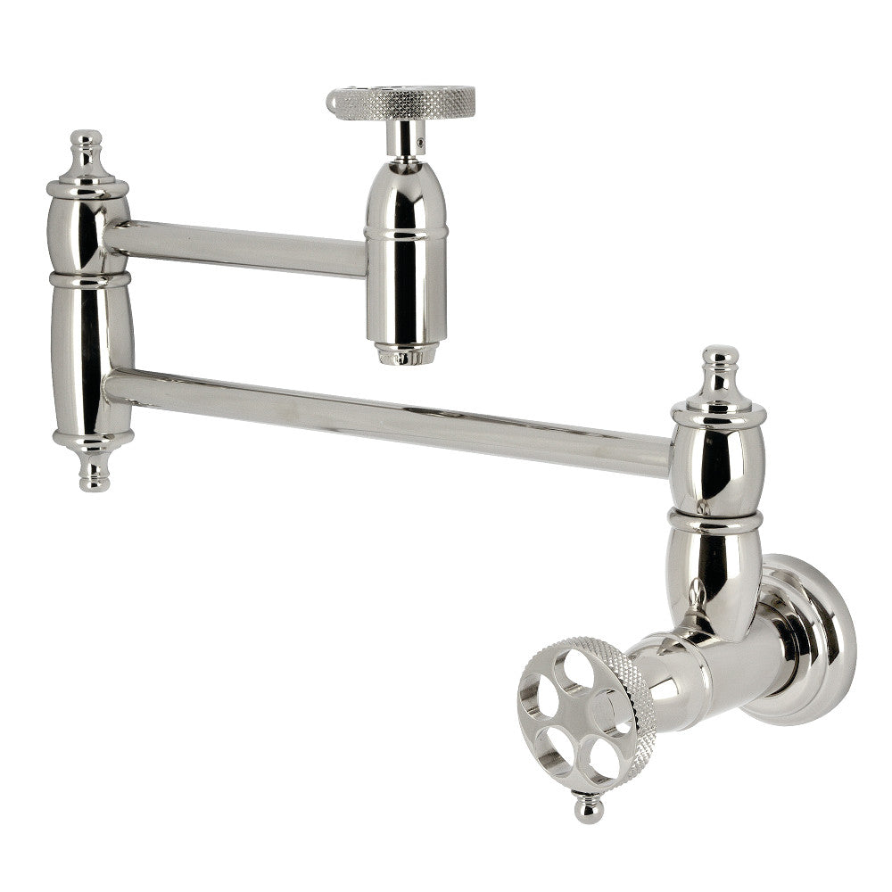 Kingston Brass KS3103RKX Webb Wall Mount Pot Filler Faucet with Knurled Handle, Antique Brass in polished nickel finish.