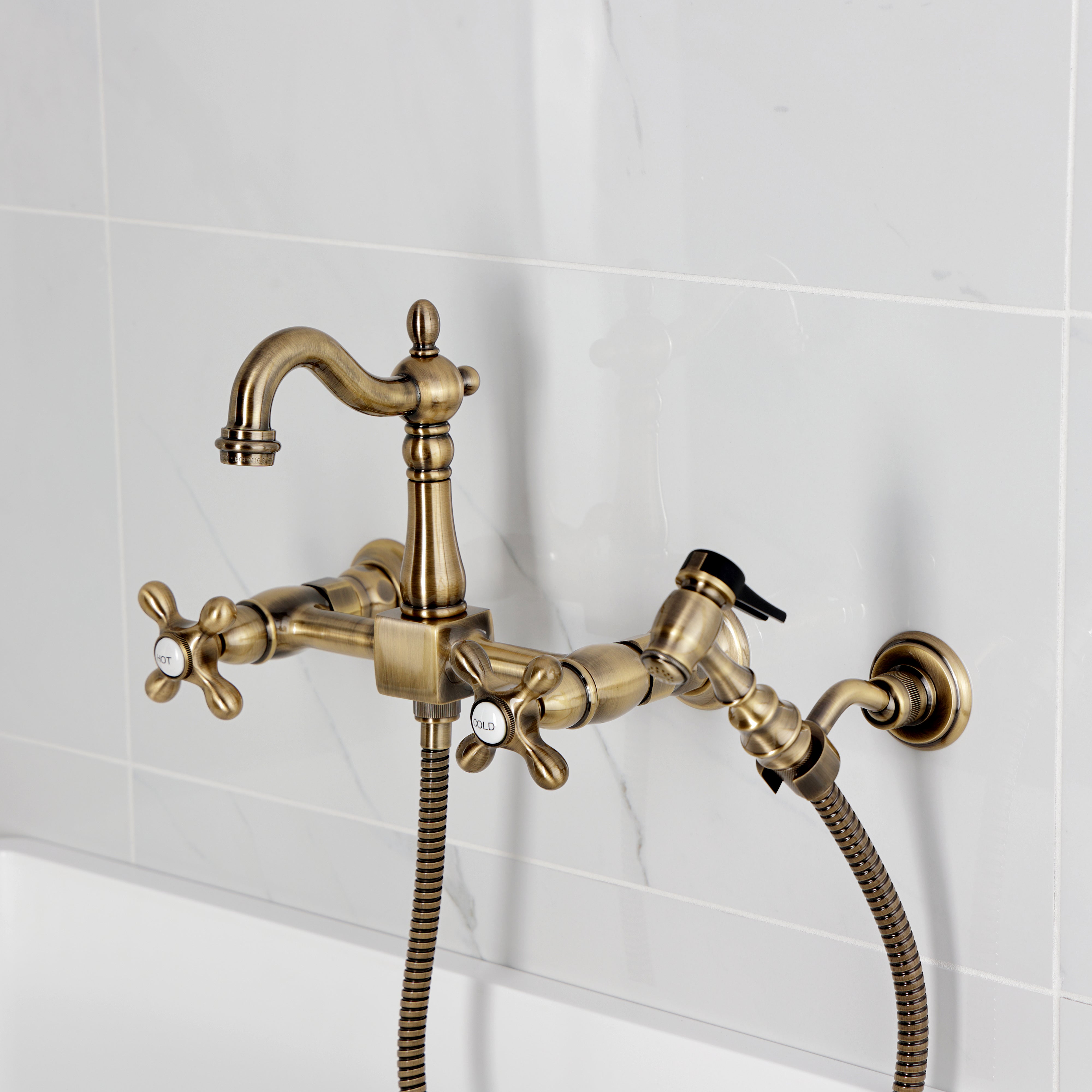 Kingston KS2443AXBS Heritage Two-Handle Wall Mount Bridge Kitchen Faucet with Brass Sprayer, Antique Brass