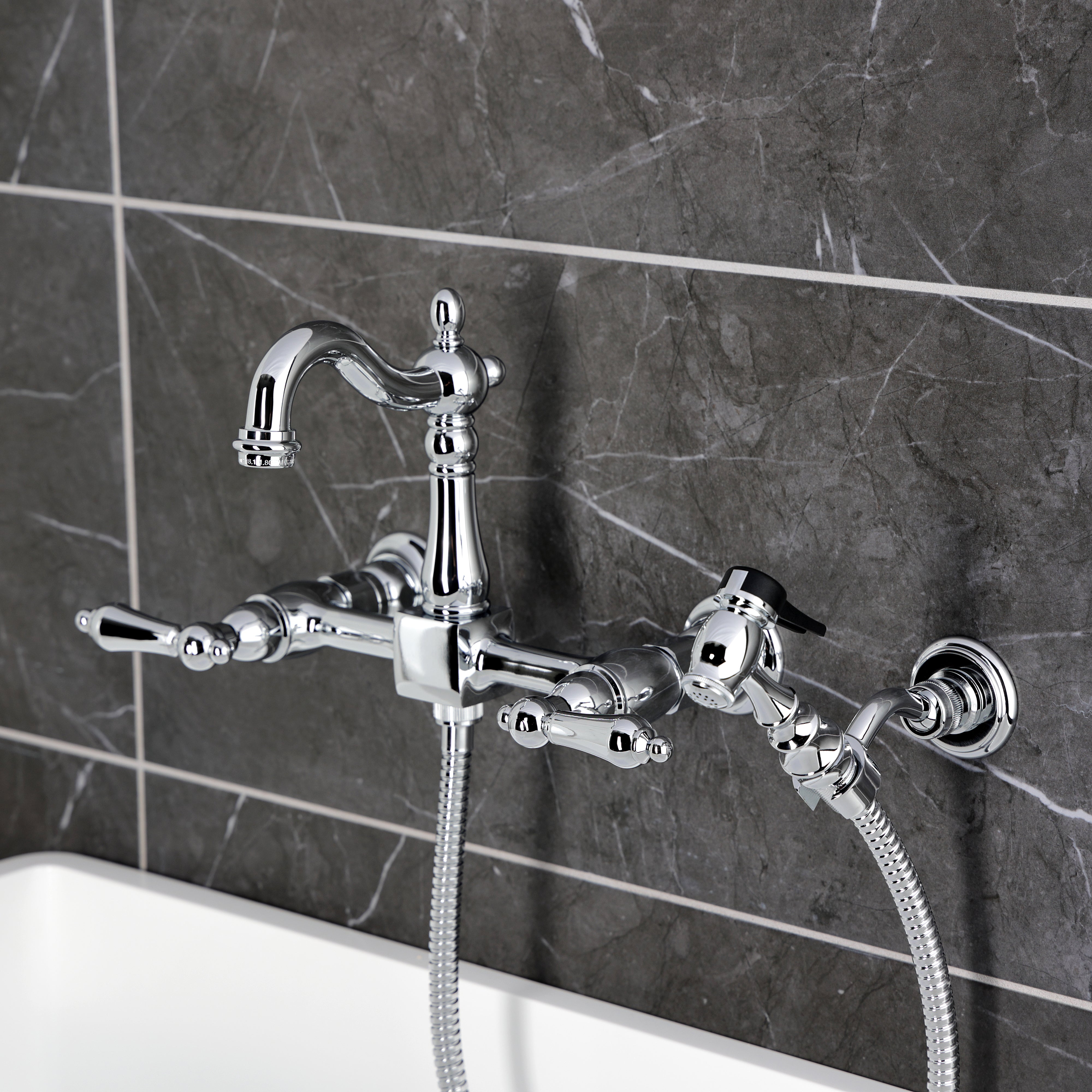 Kingston KS2443ALBS Heritage Two-Handle Wall Mount Bridge Kitchen Faucet with Brass Sprayer, Antique Brass