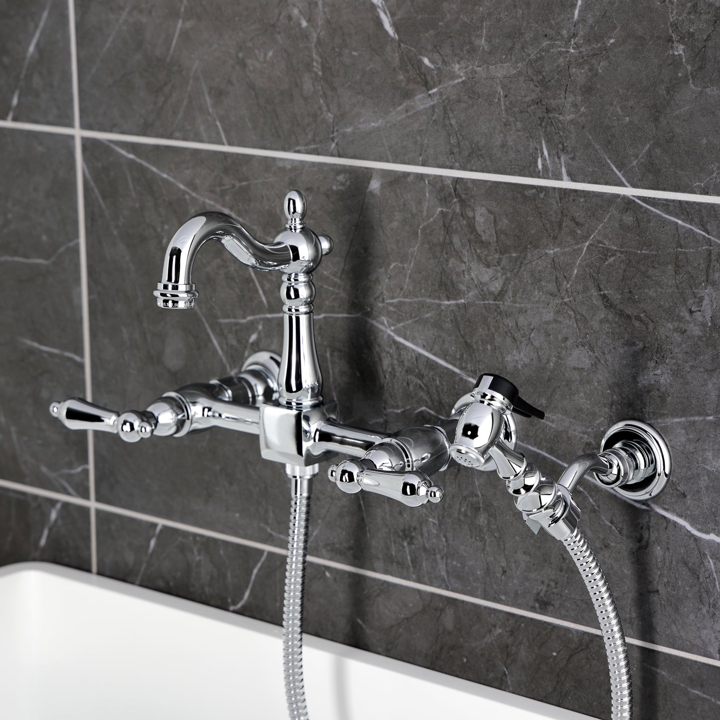 Kingston KS2443ALBS Heritage Two-Handle Wall Mount Bridge Kitchen Faucet with Brass Sprayer, Antique Brass