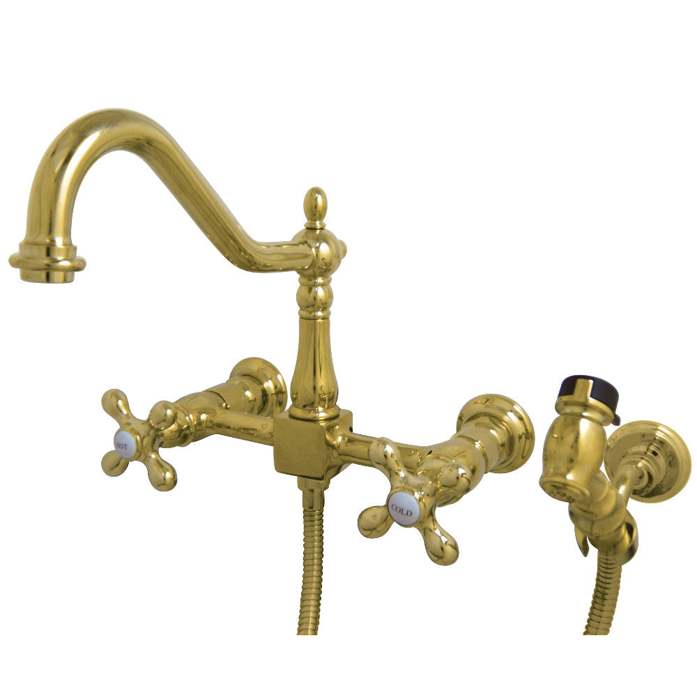 Kingston KS1243AXBS Heritage Two-Handle Wall Mount Bridge Kitchen Faucet with Brass Sprayer, Antique Brass