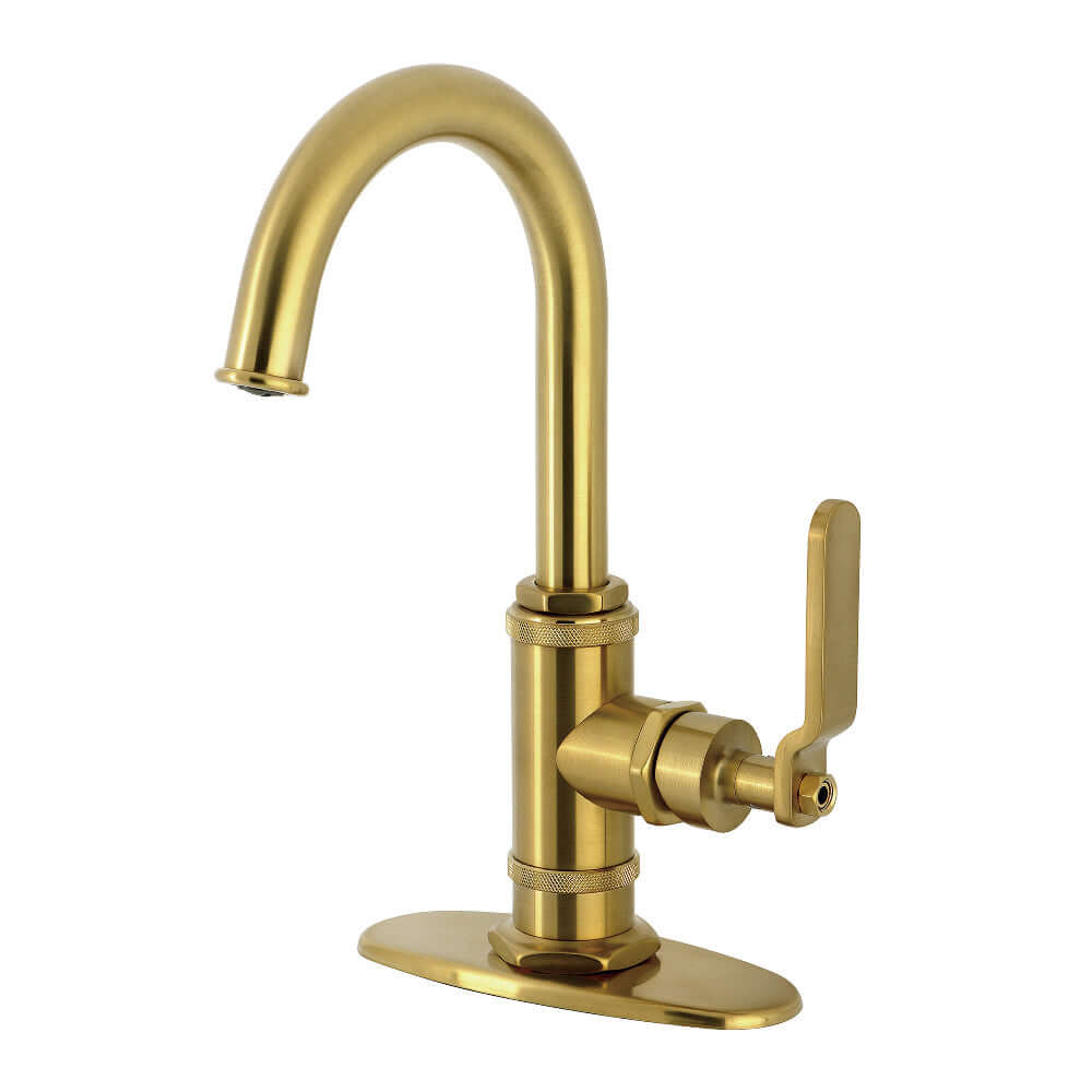 Kingston Brass KSD8503KL Whitaker Single-Handle Bar Faucet, Antique Brass with high spout and solid brass construction.