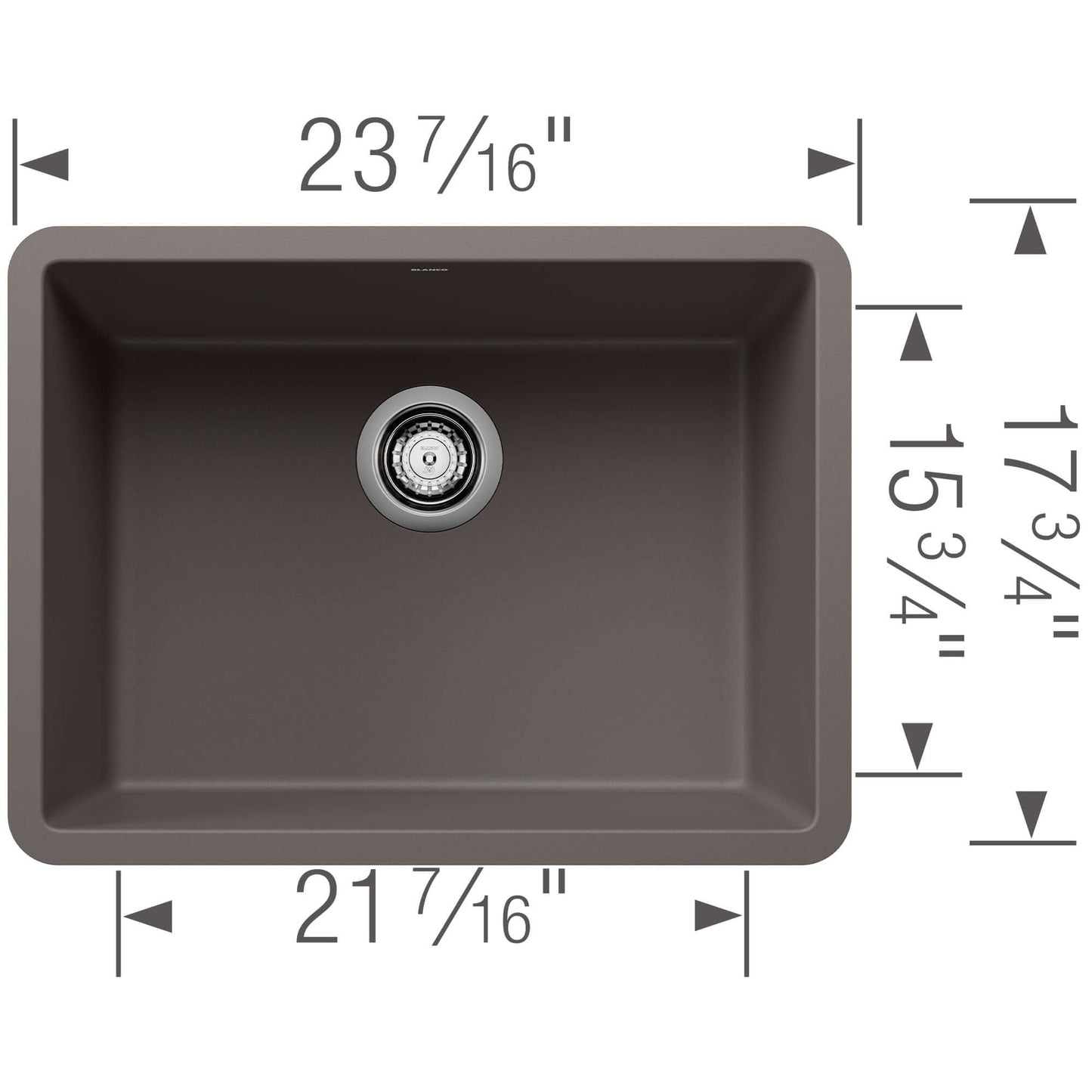 BLANCO PRECIS 24" SILGRANIT Compact Undermount Sink dimensions with measurements shown for a space-efficient design.