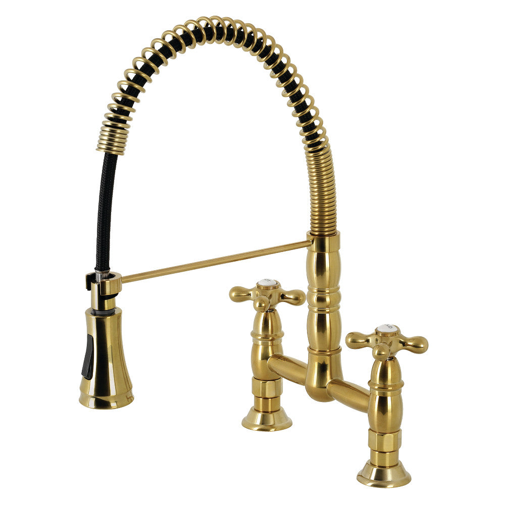 Gourmetier GS1273AX Heritage Double-Handle Deck-Mount Pre-Rinse Bridge Kitchen Faucet, Antique Brass with high arch spout