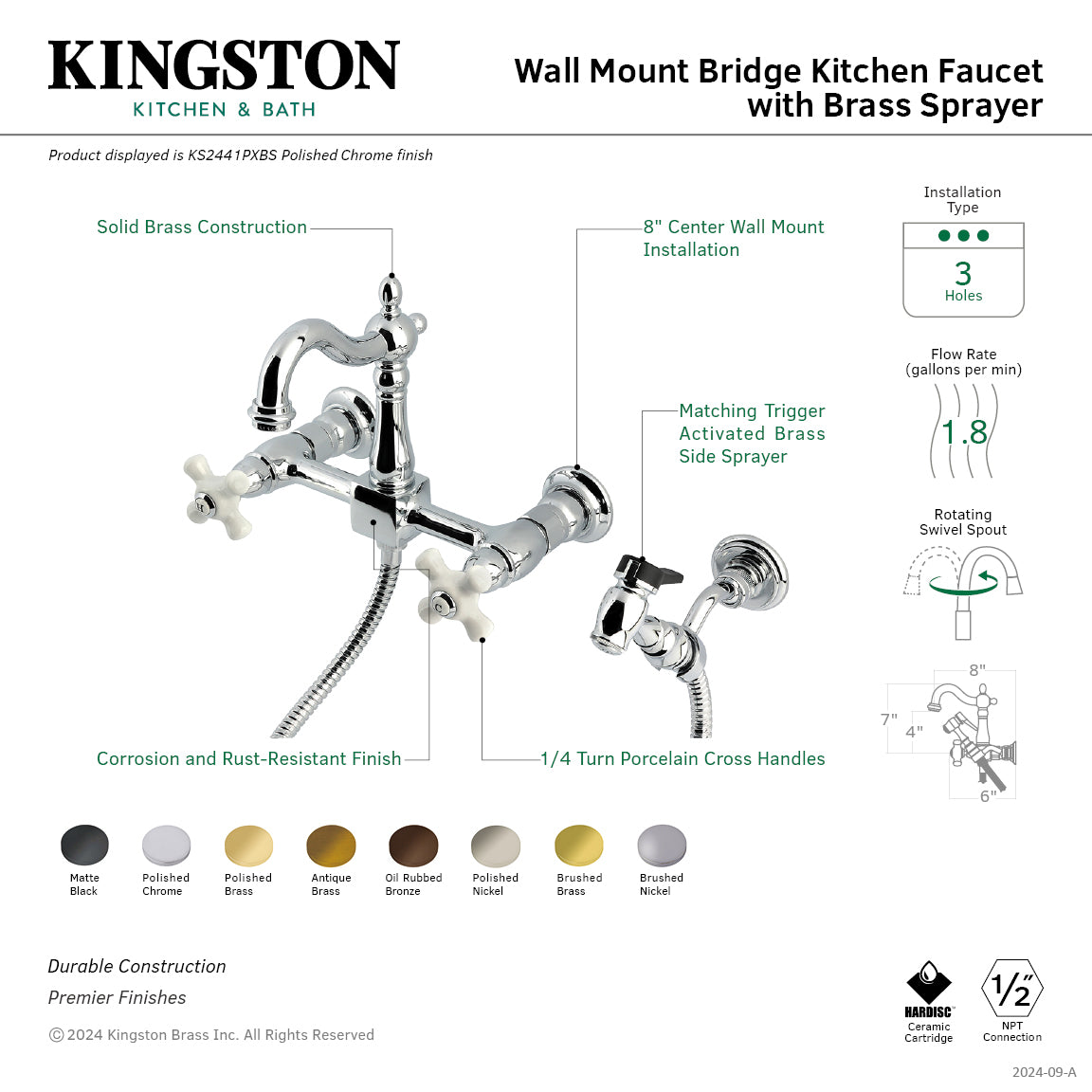 Kingston KS2443PXBS Heritage Two-Handle Wall Mount Bridge Kitchen Faucet with Brass Sprayer, Antique Brass image with specs.