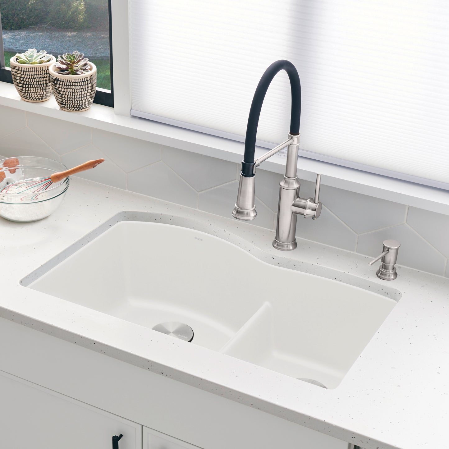 BLANCO Diamond SILGRANIT 32" 60/40 Double Bowl Undermount Kitchen Sink with Low Divide in a modern kitchen setting.