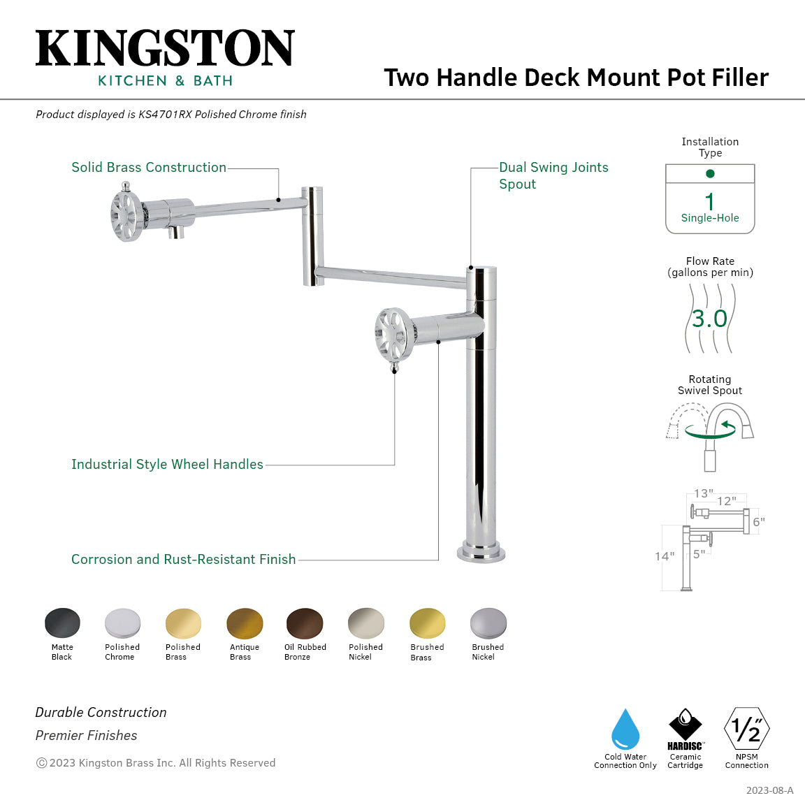Kingston Brass KS4708RX Belknap Deck Mount Pot Filler Faucet, Brushed Nickel with dual swing joints and solid brass construction