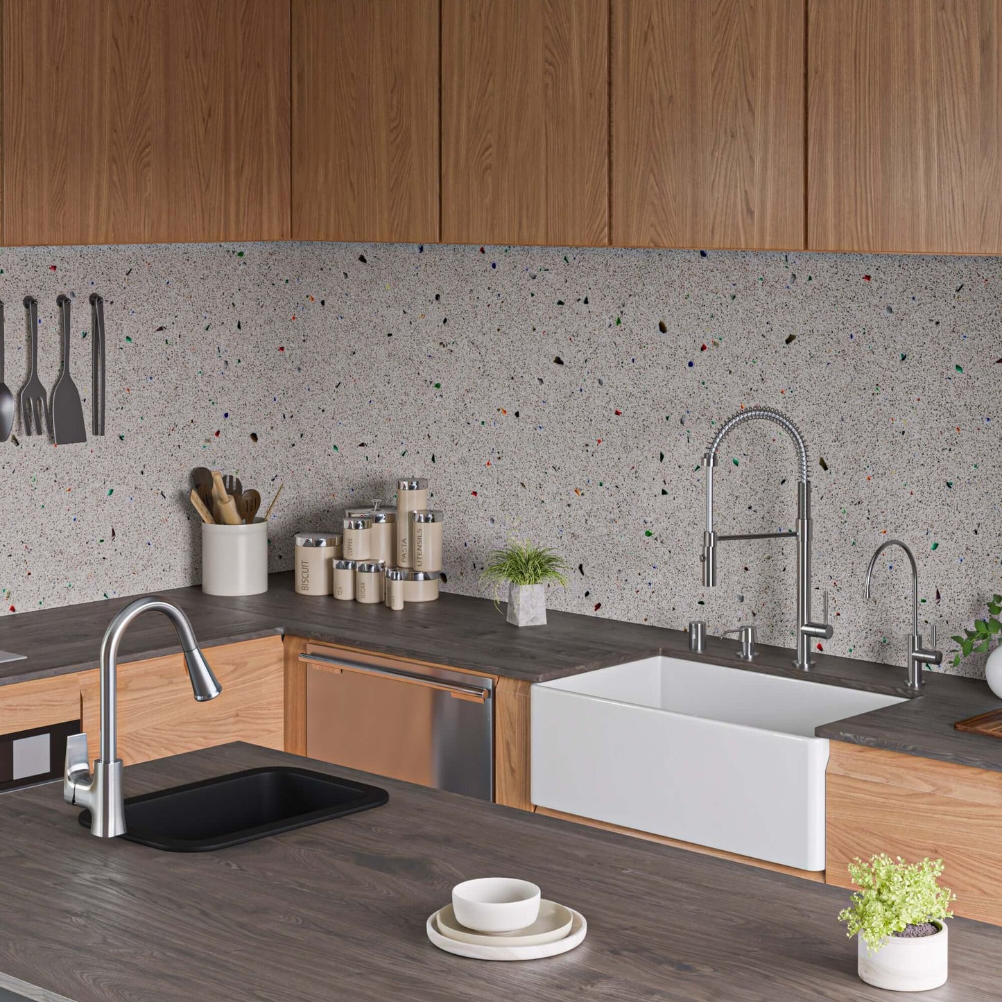 Alfi 13" x 19" Dual Mount Fireclay Prep Sink - ABF1319UD installed in a modern kitchen with wooden cabinets.