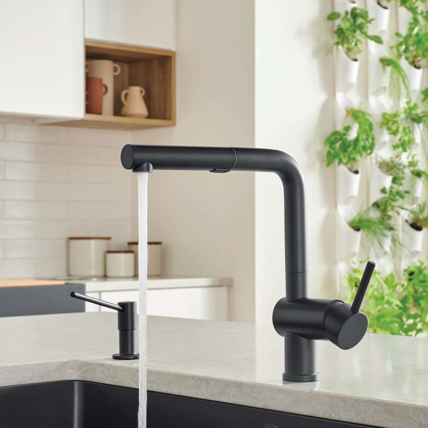 BLANCO Linus Low Arc Pull-Out Dual-Spray Kitchen Faucet - with modern low-profile design in kitchen setting.