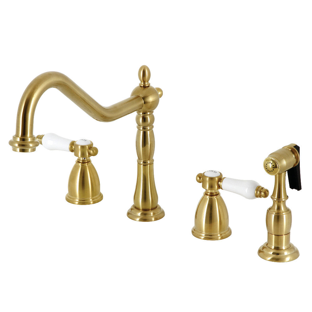 Kingston Brass KB1793BPLBS Bel-Air Double-Handle Widespread Kitchen Faucet with Brass Sprayer, Antique Brass