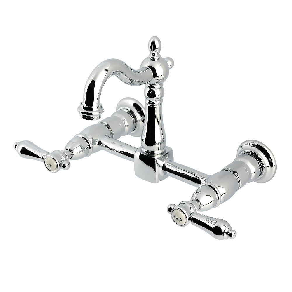 Kingston KS2443BAL Heirloom Two-Handle Wall Mount Bridge Kitchen Faucet, Antique Brass in polished chrome finish