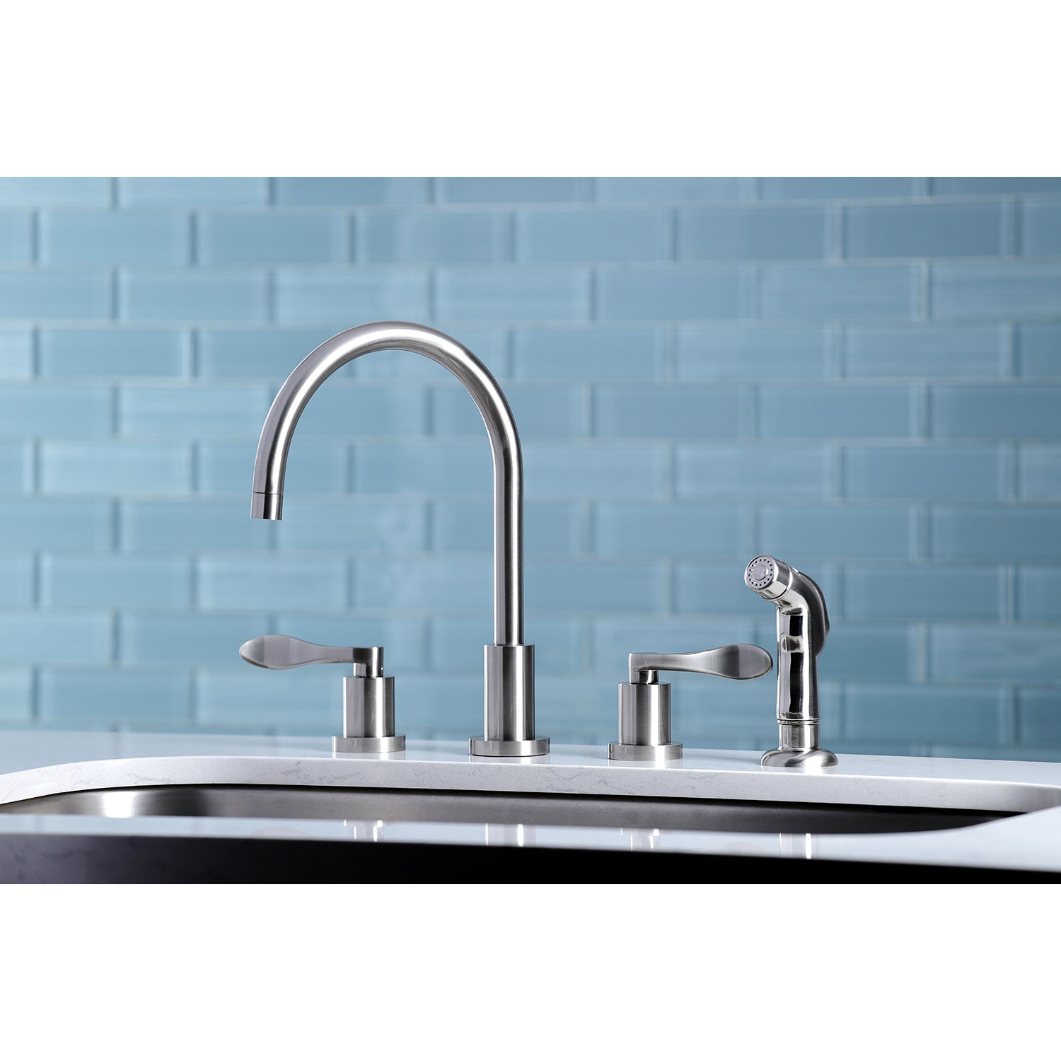 Kingston Brass KS8728DFL  Double-Handle Widespread Kitchen Faucet with Plastic Sprayer, Brushed Nickel