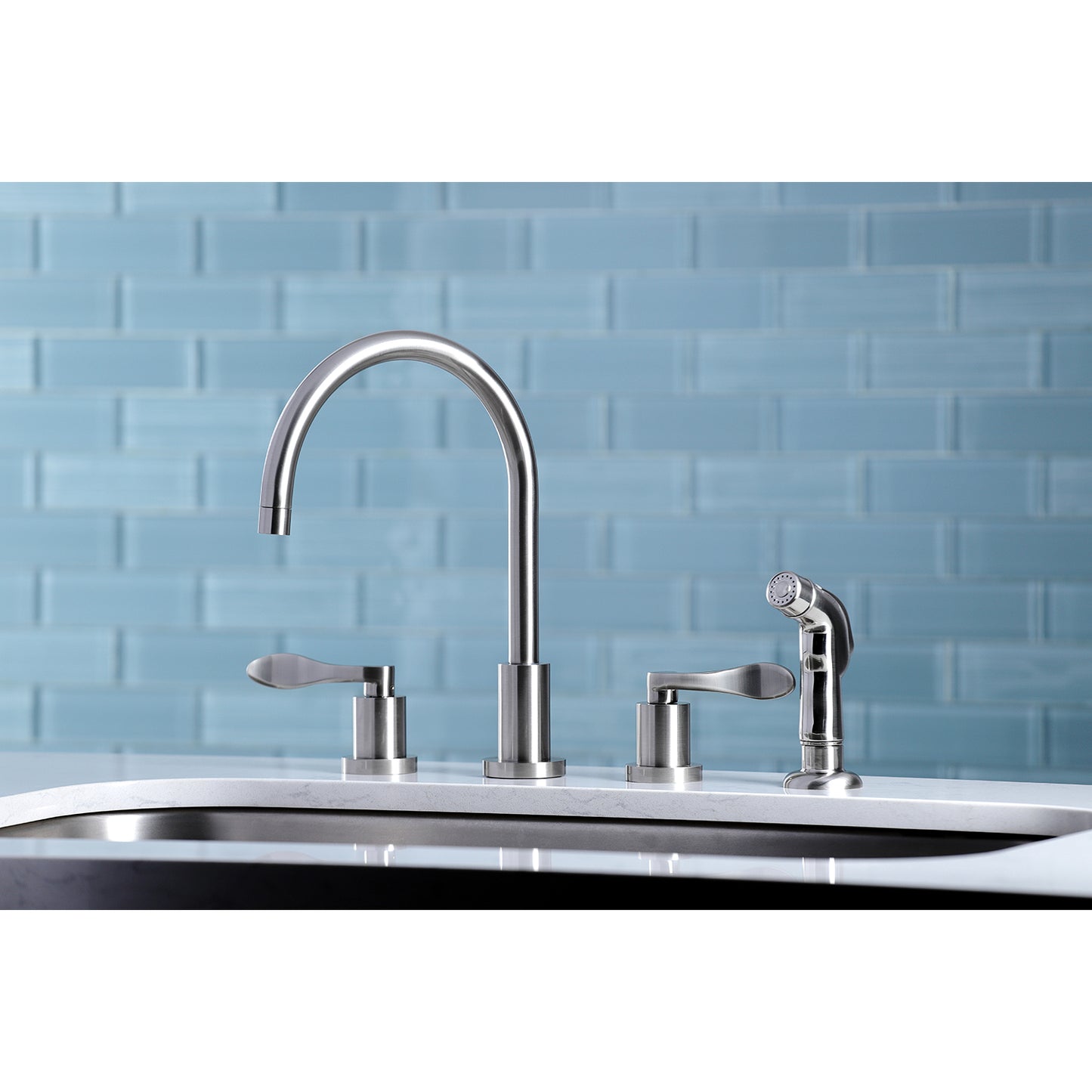 Kingston Brass KS8728DFL  Double-Handle Widespread Kitchen Faucet with Plastic Sprayer, Brushed Nickel