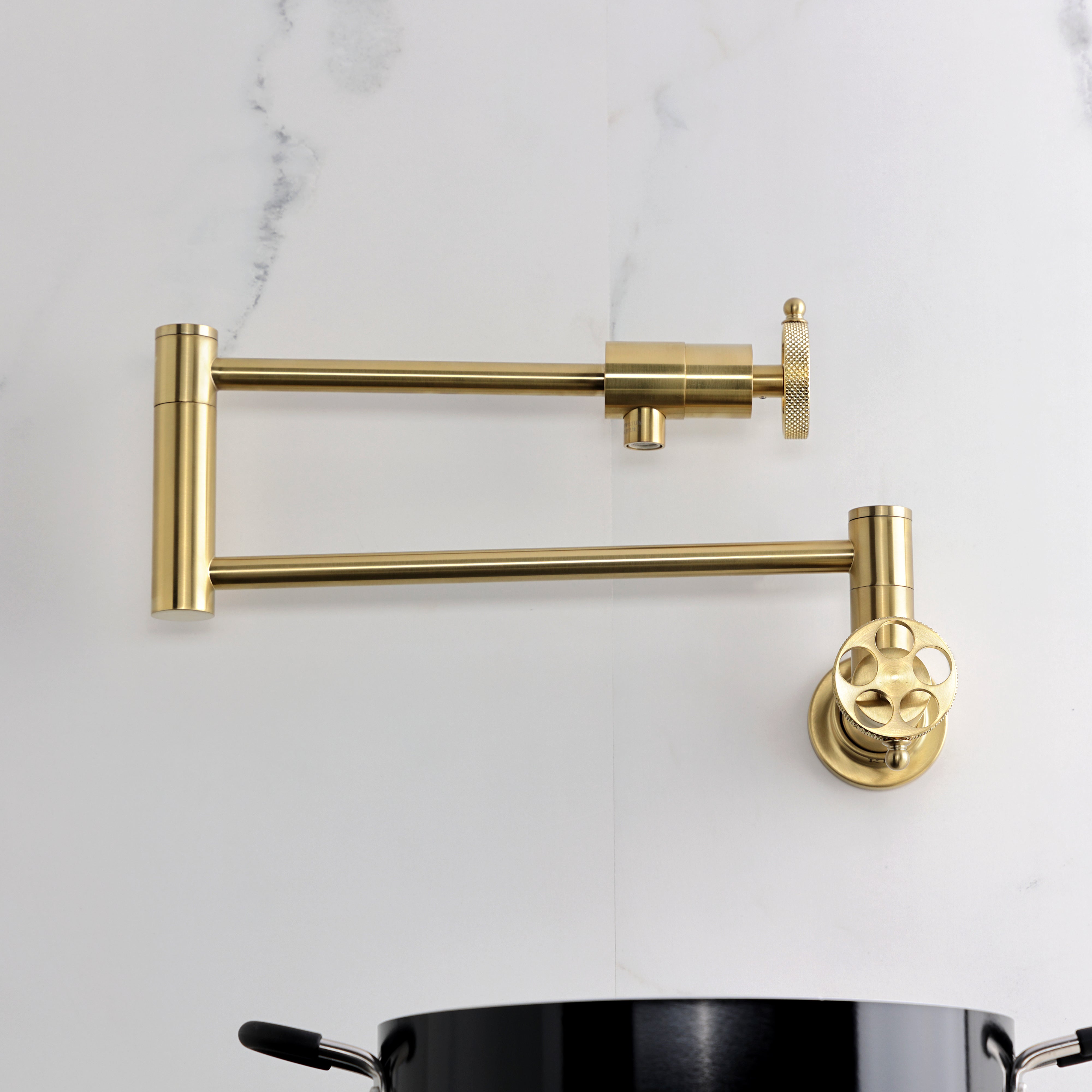 Kingston Brass KS4103RKX Webb Wall Mount Pot Filler Faucet with Knurled Handle, Antique Brass