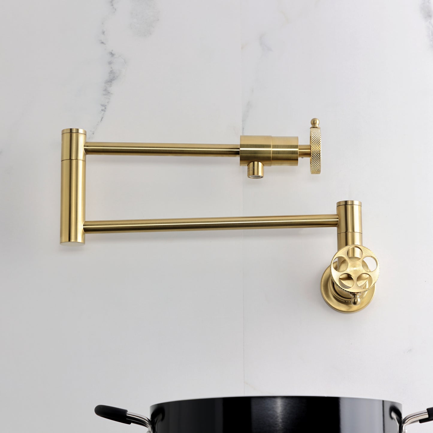 Kingston Brass KS4103RKX Webb Wall Mount Pot Filler Faucet with Knurled Handle, Antique Brass
