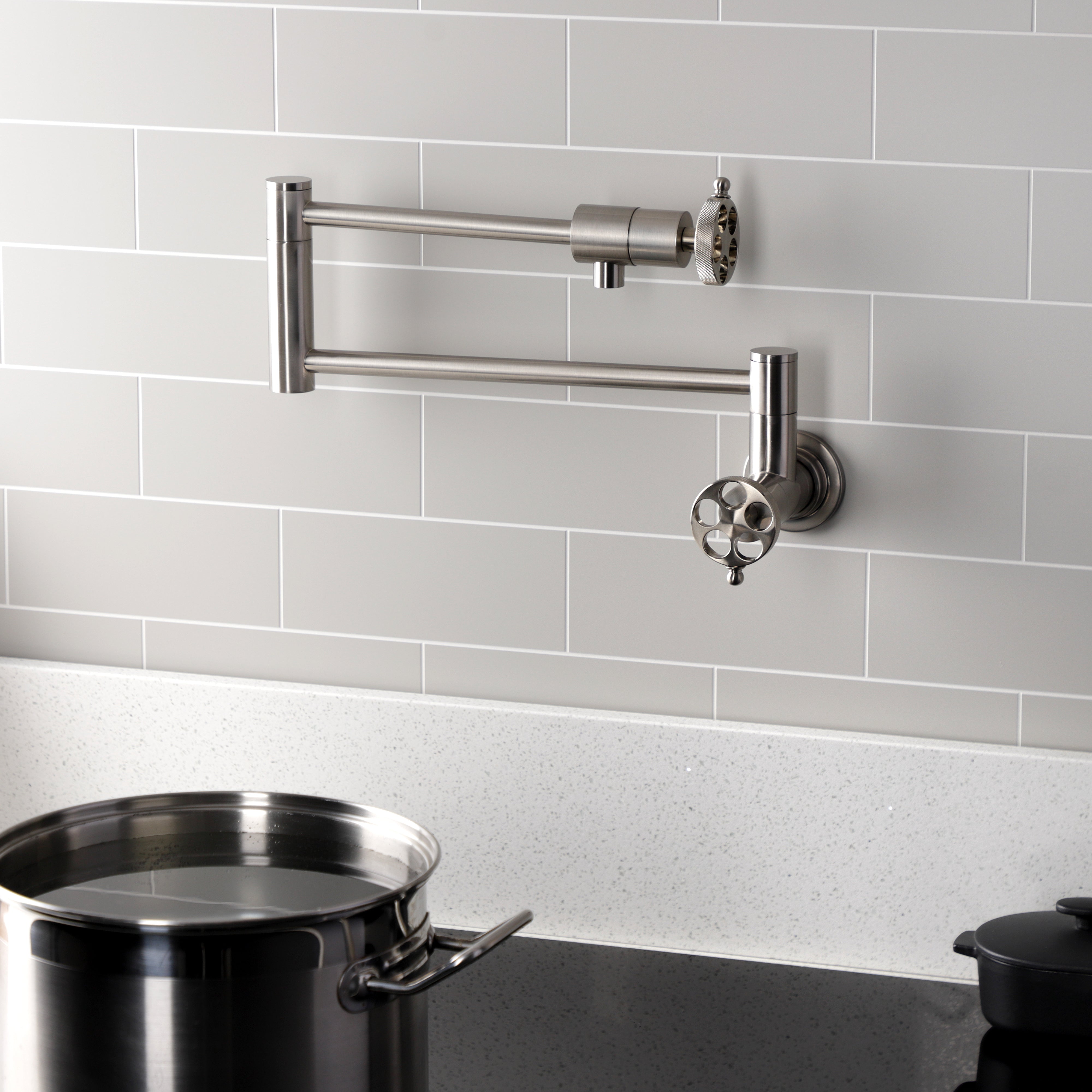 Kingston Brass KS4103RKZ Wendell Wall Mount Pot Filler Faucet with Knurled Handle, Antique Brass in kitchen