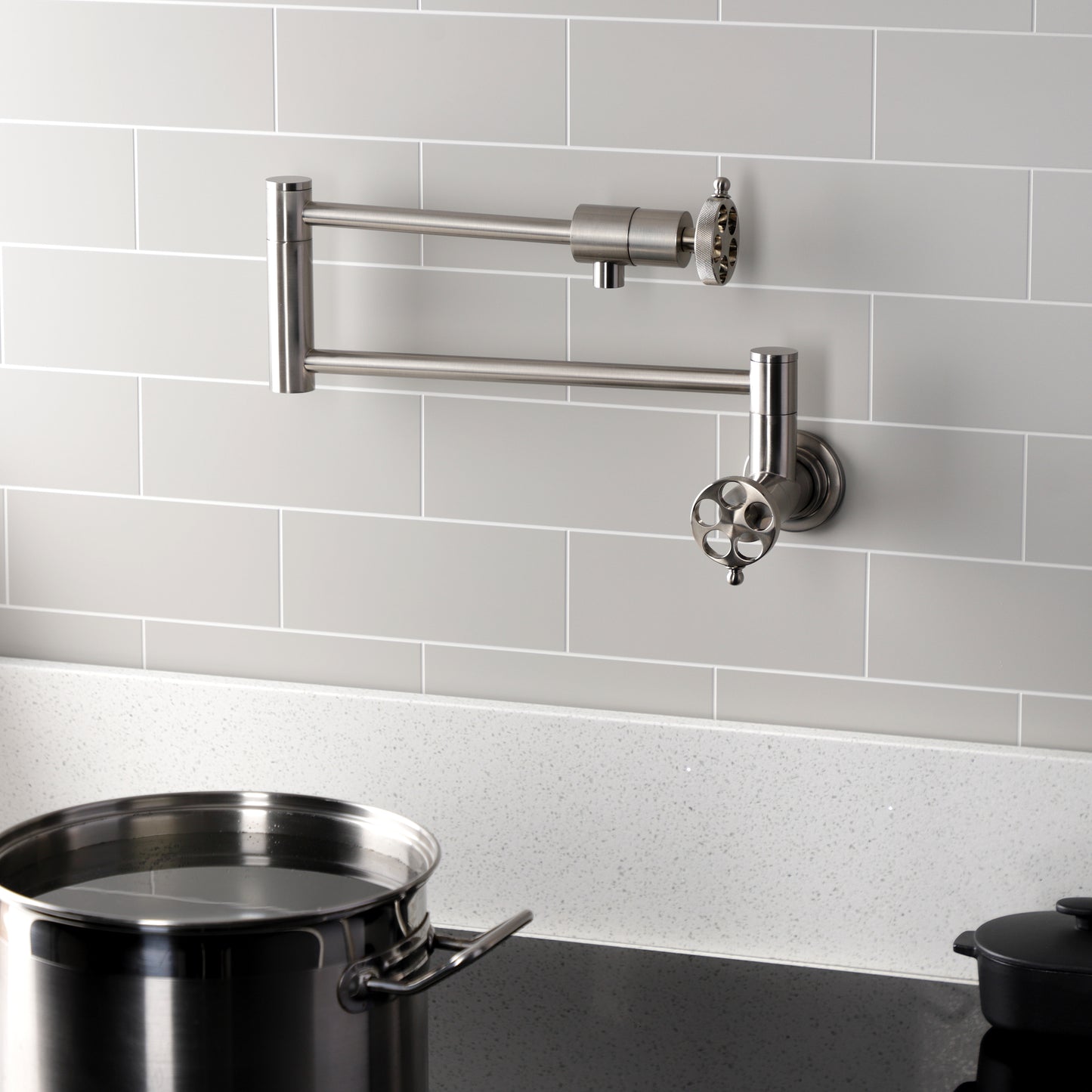 Kingston Brass KS4103RKZ Wendell Wall Mount Pot Filler Faucet with Knurled Handle, Antique Brass in kitchen