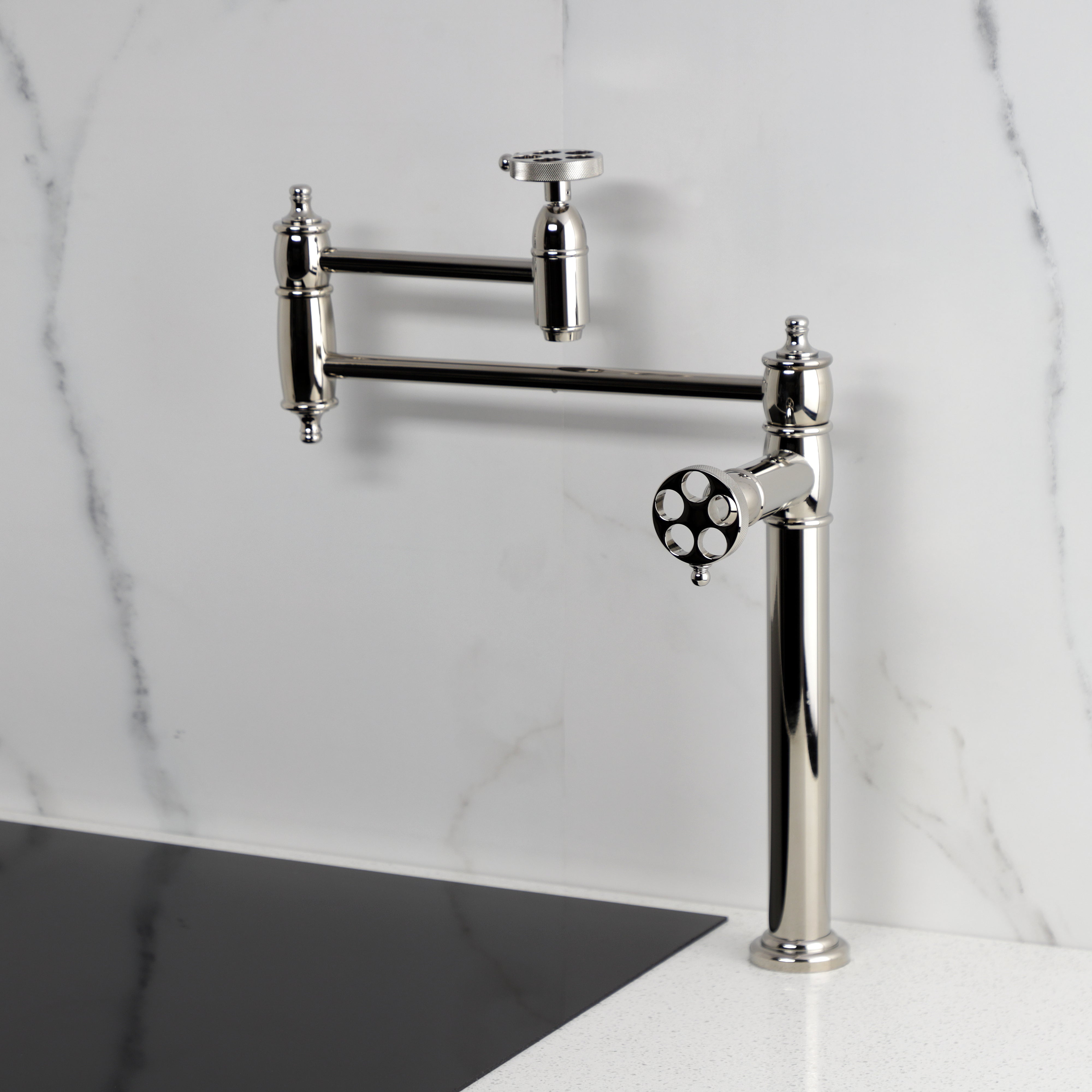 Kingston Brass KS3703RKZ Wendell Deck Mount Pot Filler Faucet with Knurled Handle, Antique Brass installed in modern kitchen.
