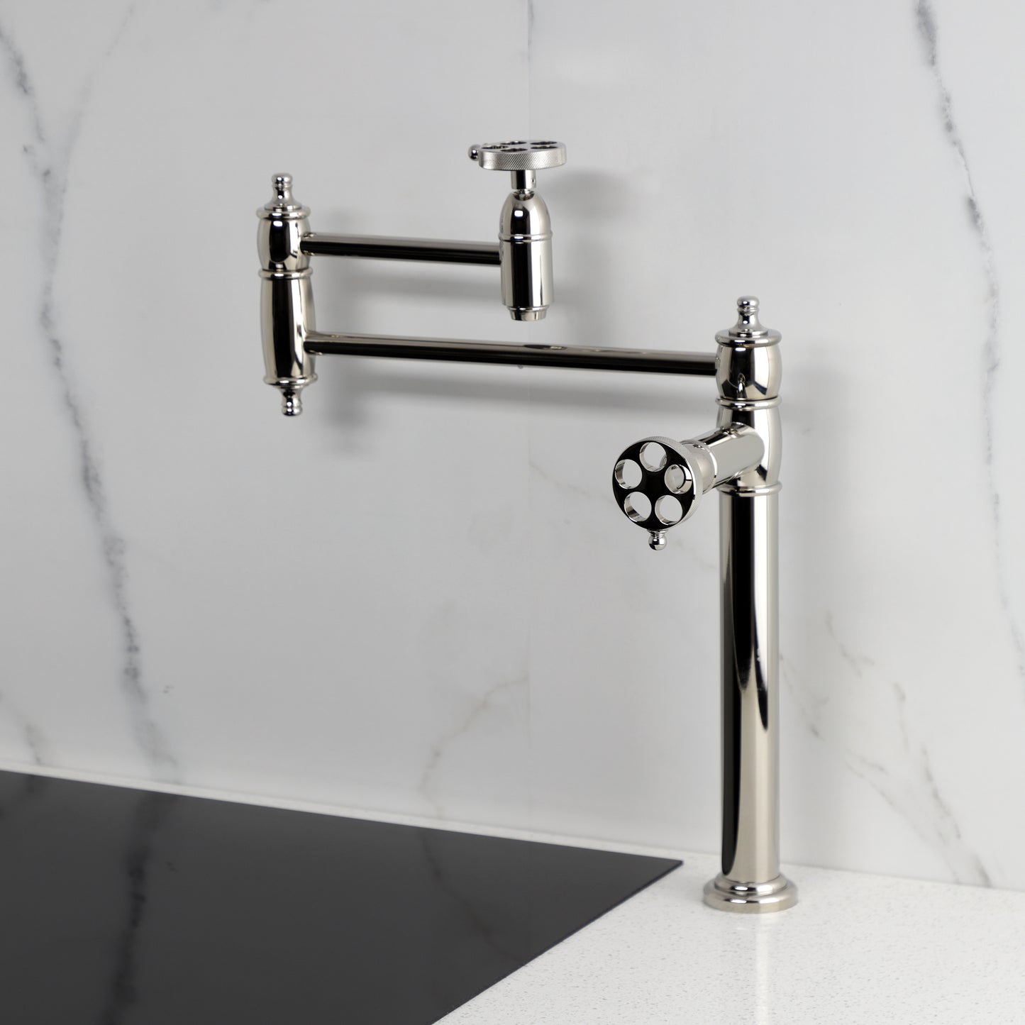 Kingston Brass KS3703RKZ Wendell Deck Mount Pot Filler Faucet with Knurled Handle, Antique Brass installed in modern kitchen.