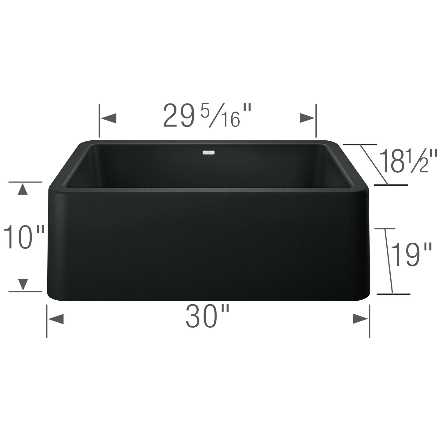 Dimensions of BLANCO Ikon SILGRANIT 30" Single Bowl Apron-Front Farmhouse Sink, showcasing its size and shape.