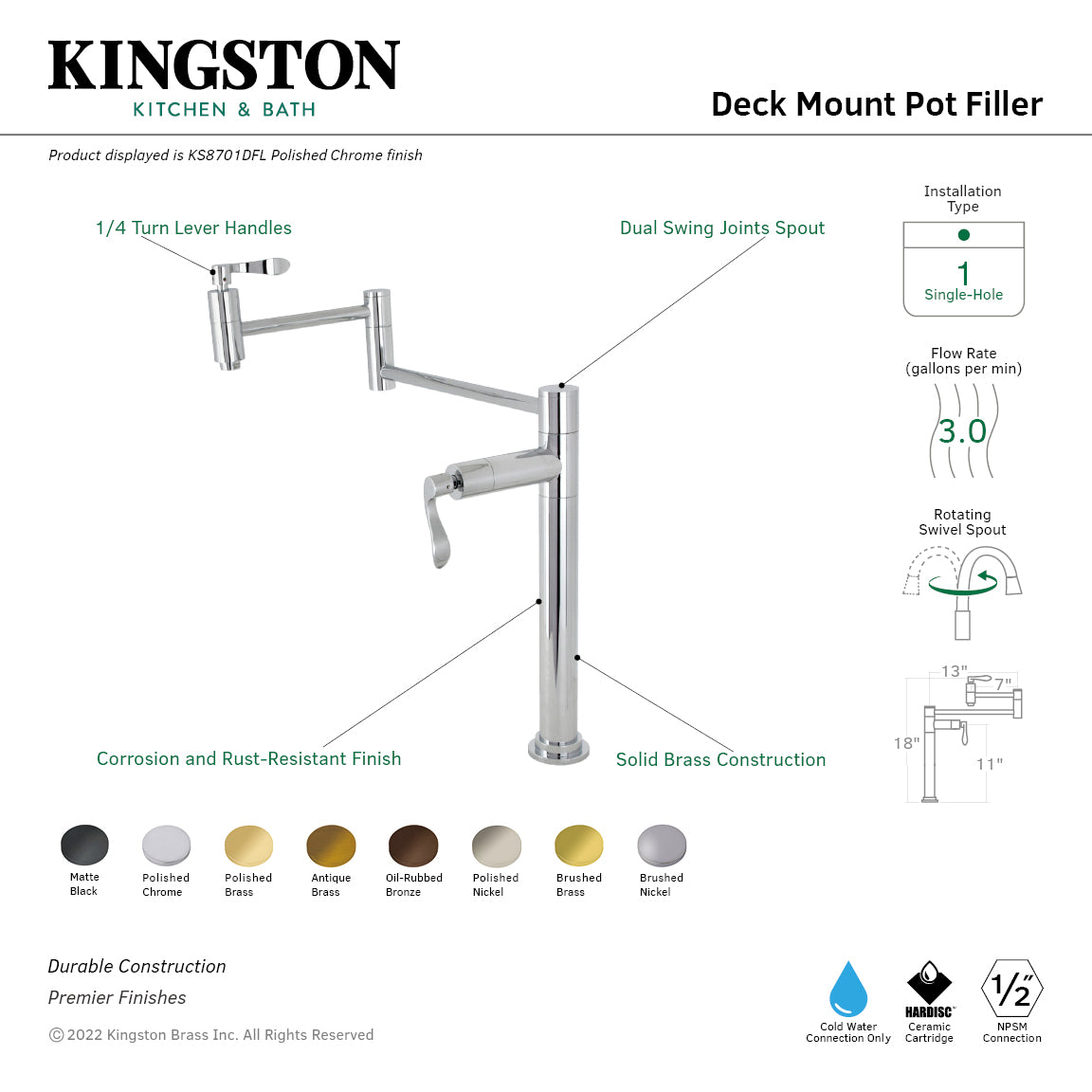 Kingston Brass KS8708DFL NuWave Deck Mount Pot Filler Faucet, Brushed Nickel.