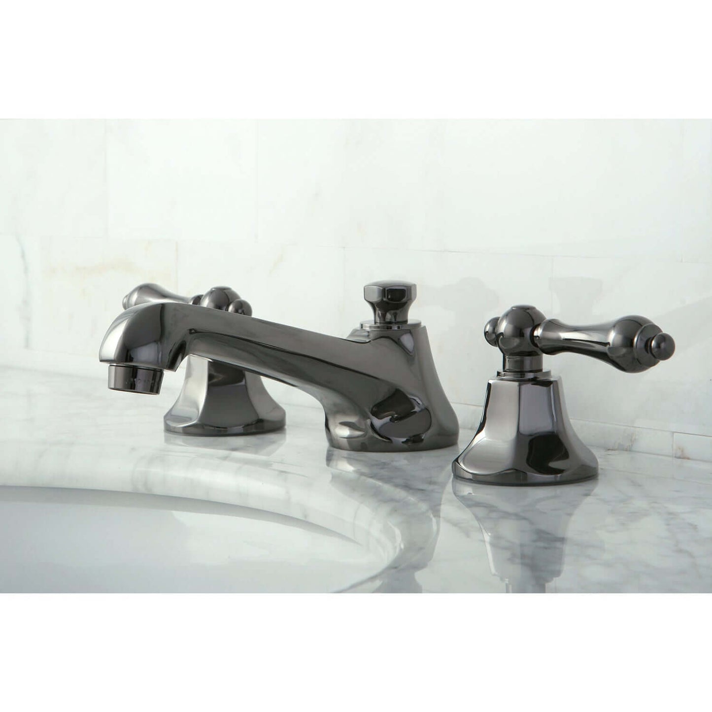 Kingston Brass NS4460AL Water Onyx Widespread Bathroom Faucet left side view showcasing elegant design.
