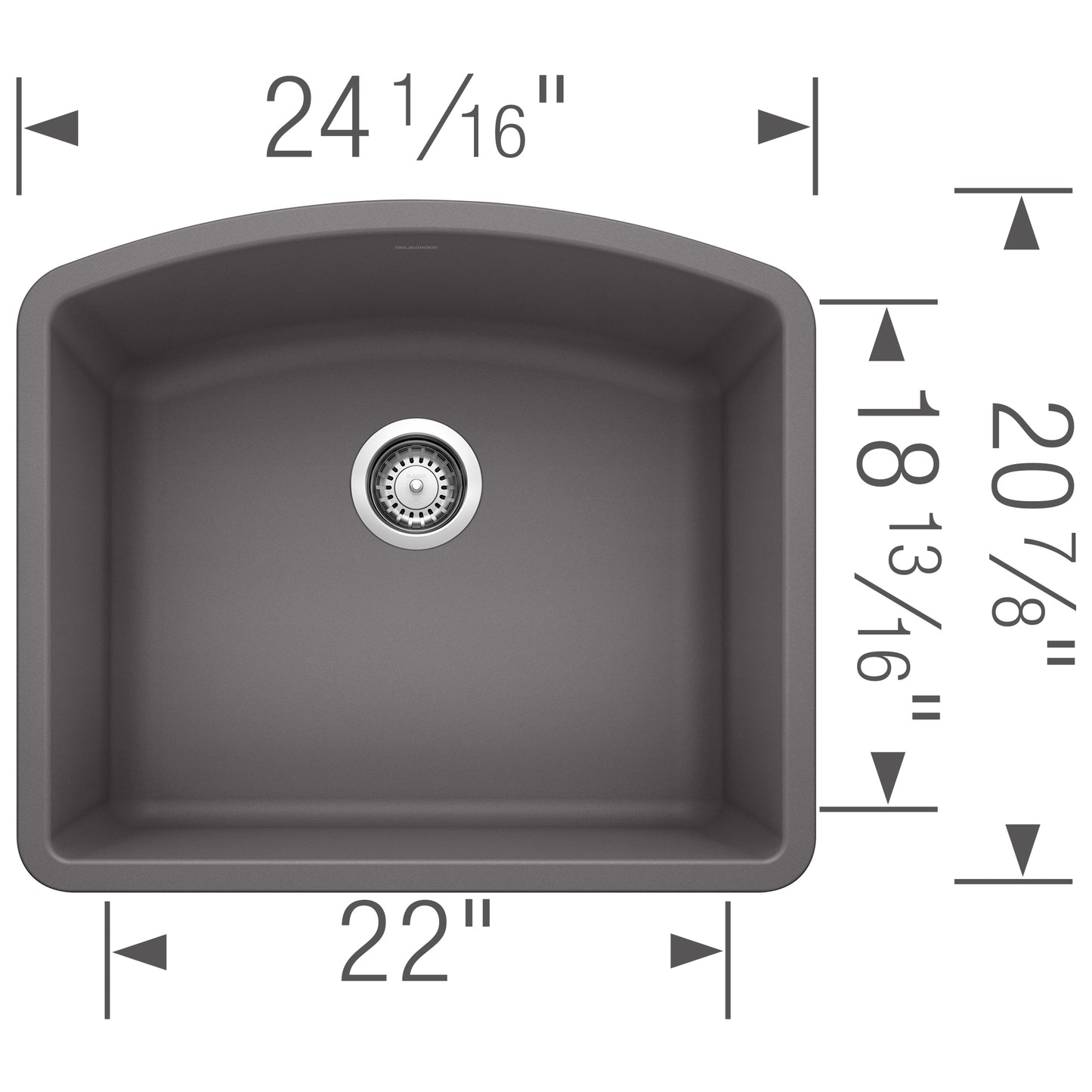 BLANCO Diamond SILGRANIT 24" Single Bowl Undermount Kitchen Sink dimensions showing 24 1/16" length and 22" width.