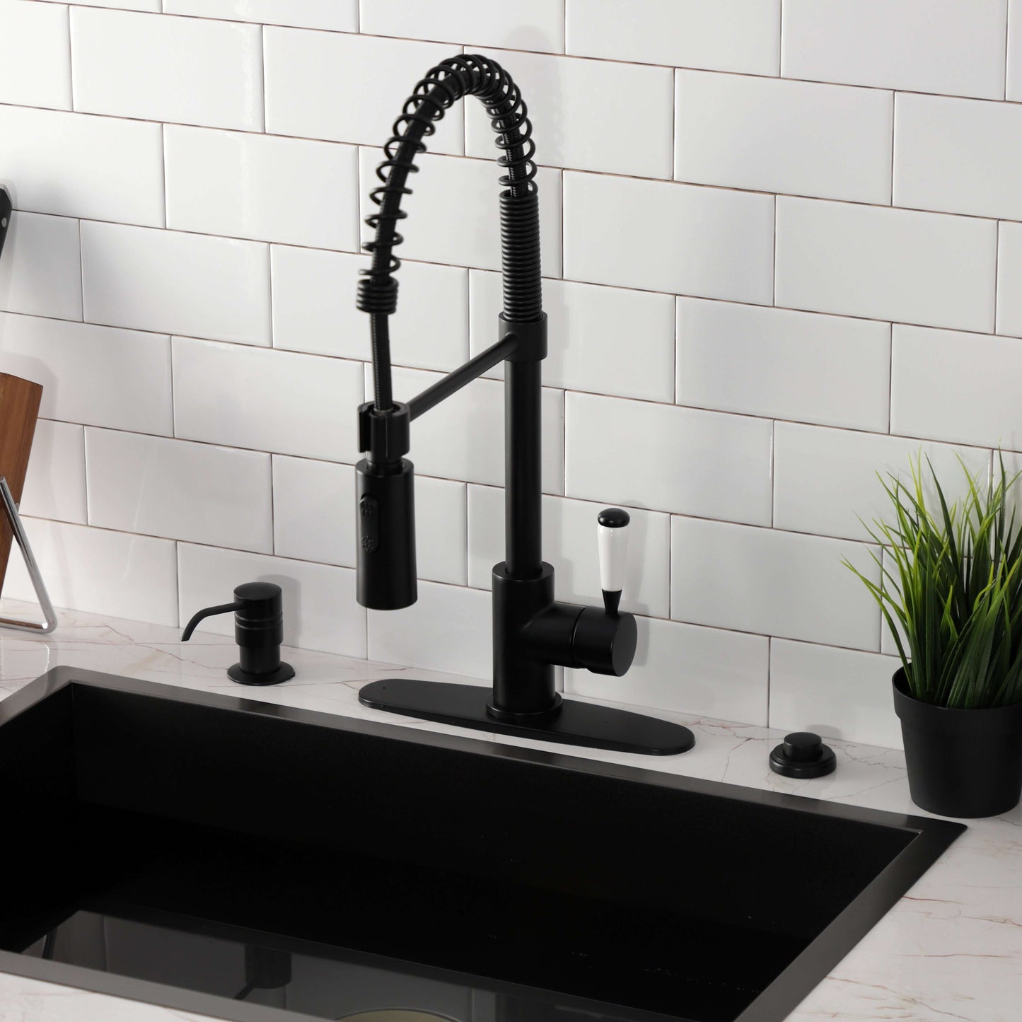 Gourmetier LS8778DPL Paris Single-Handle Deck-Mount Pre-Rinse Kitchen Faucet, Brushed Nickel right side view in black finish.