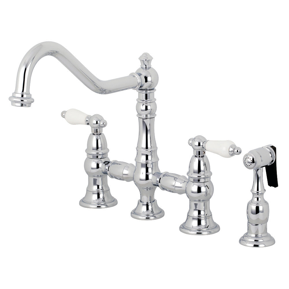 Kingston KS3277PLBS Restoration Bridge Kitchen Faucet with Brass Sprayer, Brushed Brass