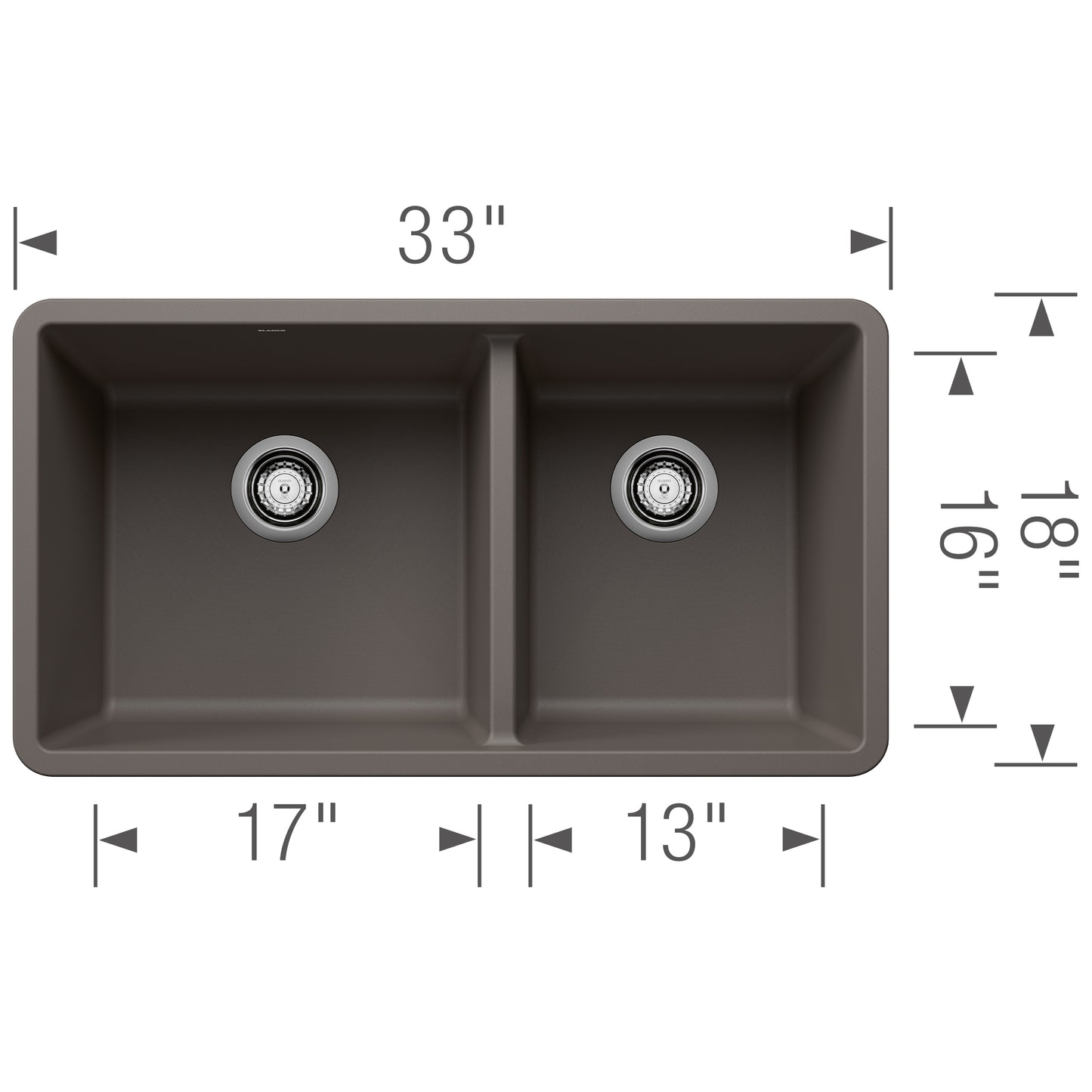 Top view of the BLANCO Precis SILGRANIT 33" 60/40 Double Bowl Undermount Kitchen Sink with measurements.
