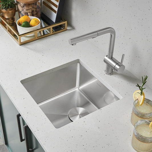 BLANCO Quatrus R15 17" Undermount Stainless Steel Bar Sink in modern kitchen setting with sleek faucet.