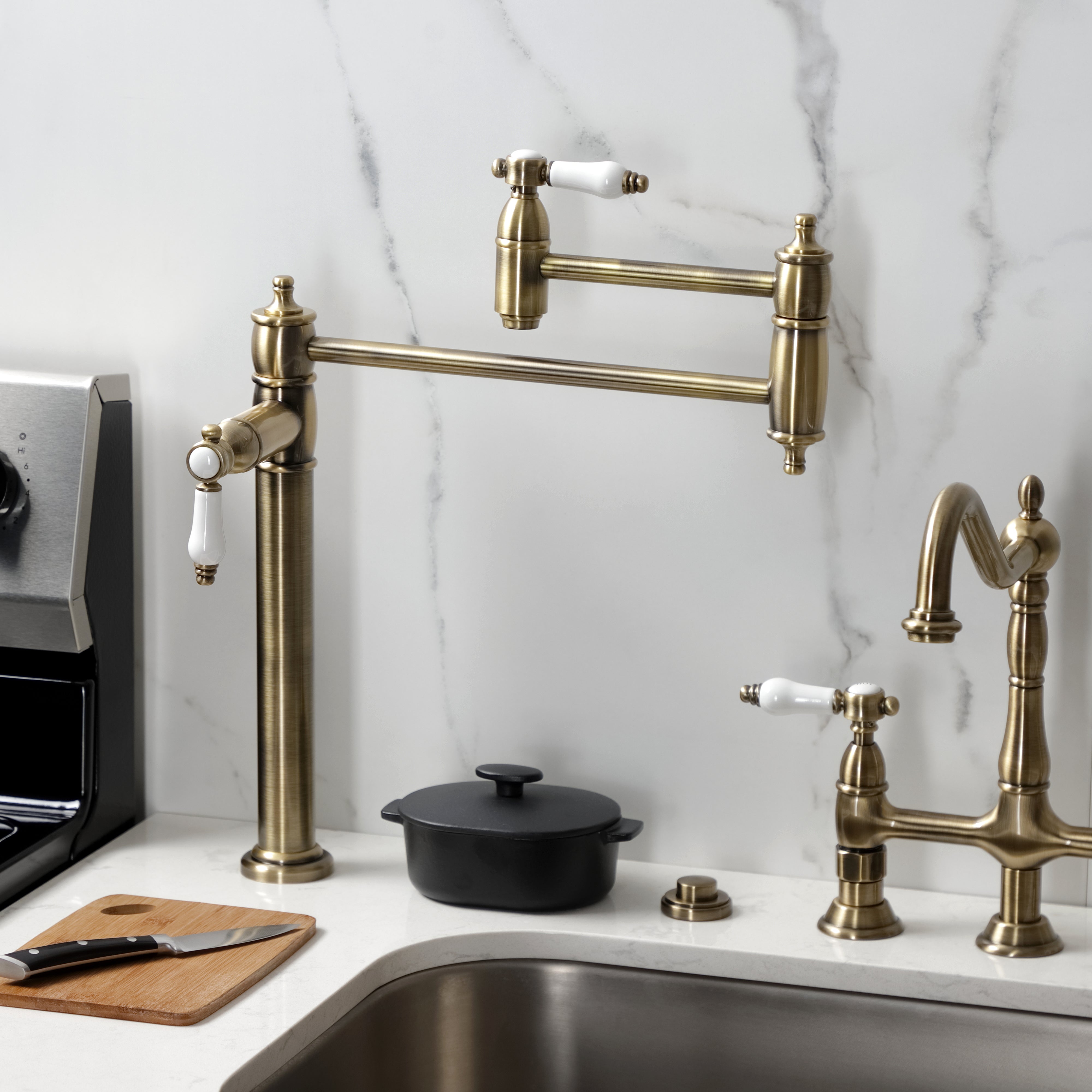 Kingston Brass KS3703BPL Bel-Air Deck Mount Pot Filler Faucet, Antique Brass on kitchen counter